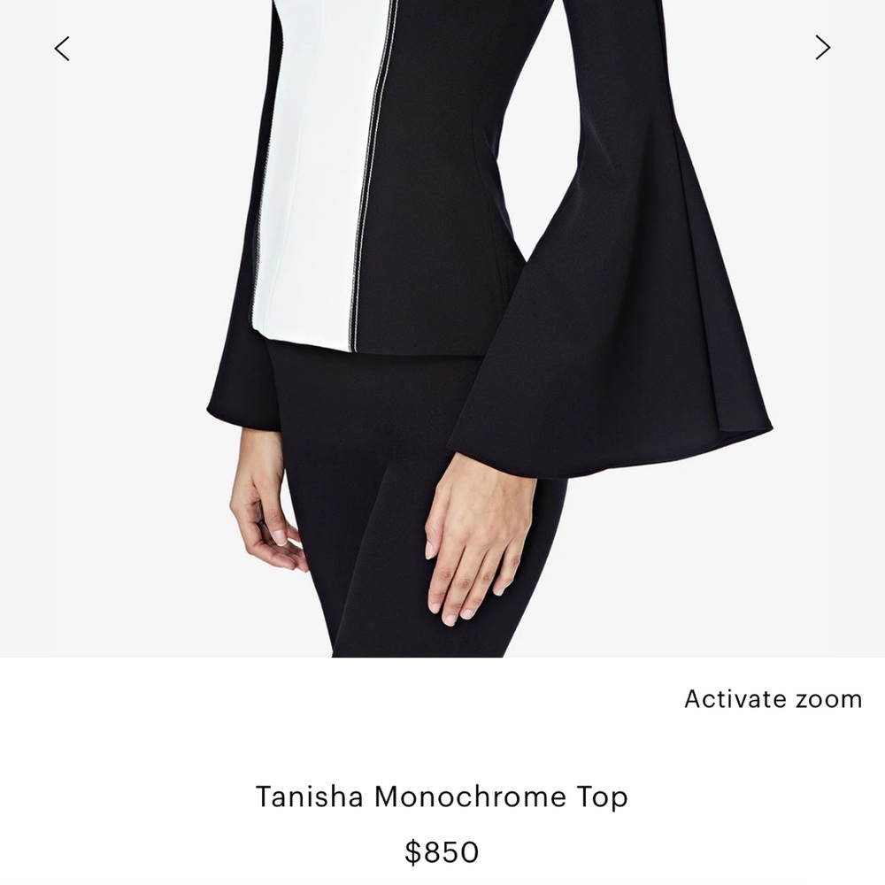 Black and White Contrast V-Neck Blouse with Bell Sleeves - Picture 9 of 10